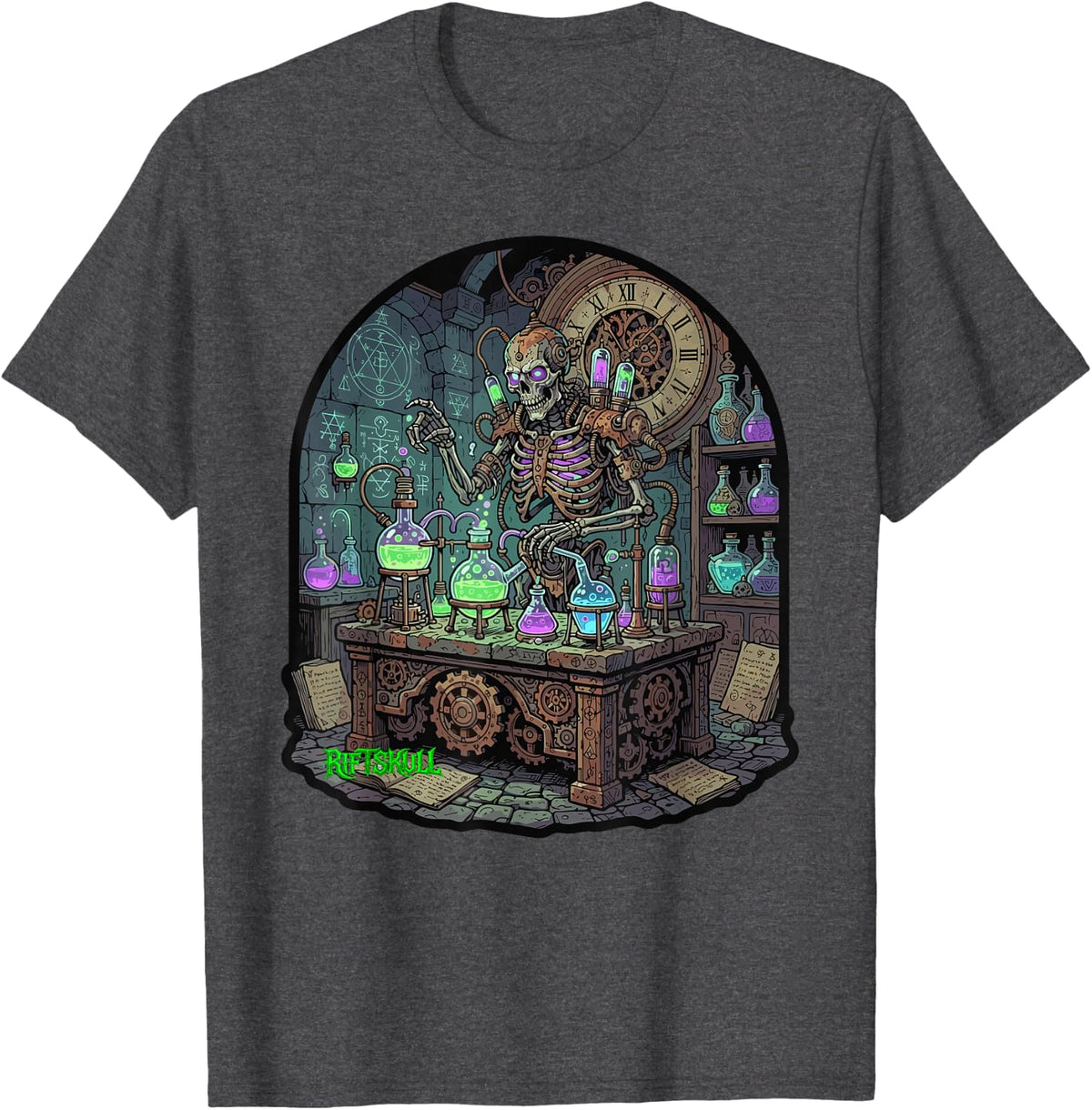 Skeleton Steampunk Alchemist Heavy Metal Rock Dark Fantasy T-Shirt - Dark Heather Grey