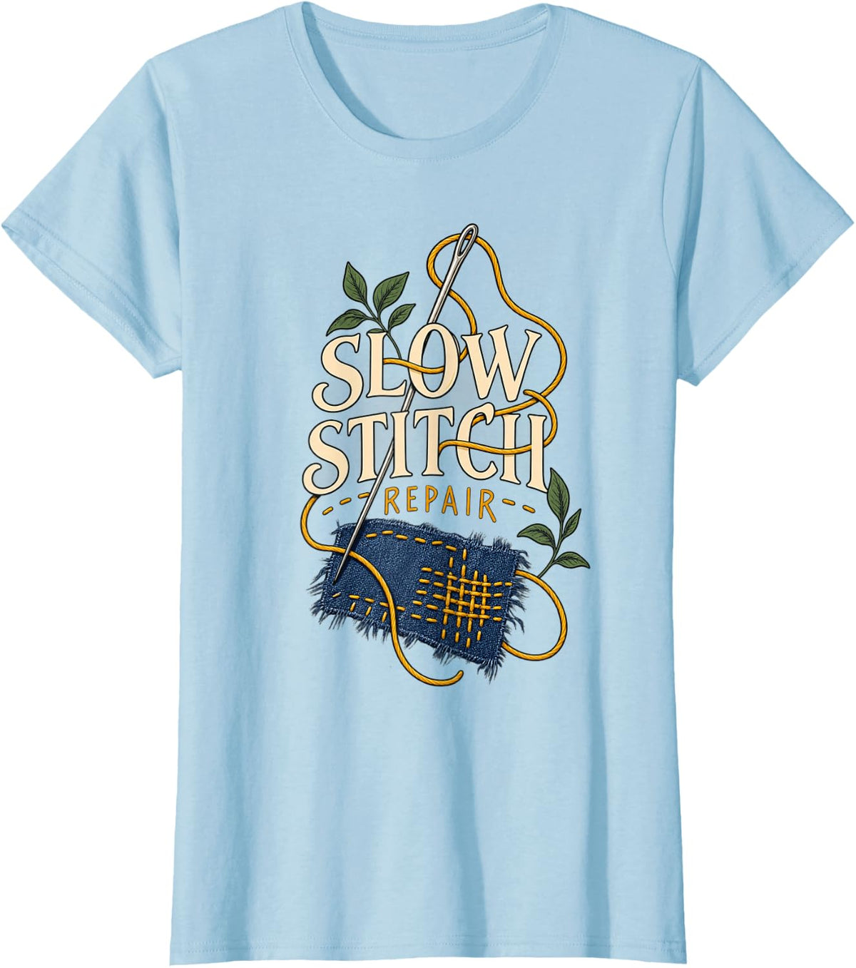 Slow Stitch Repair Visible Mending Sewing T-Shirt - Baby Blue