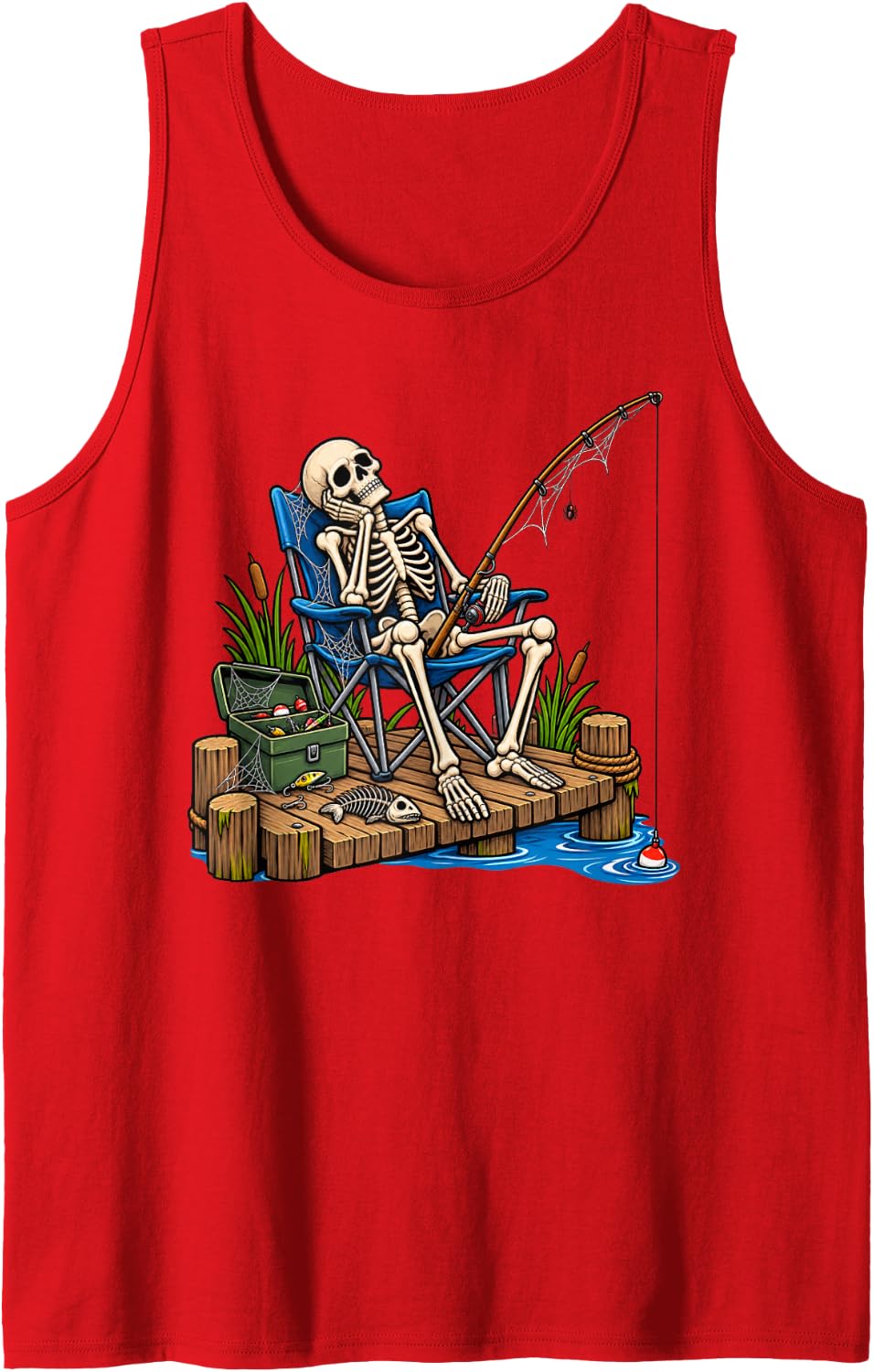 Skeleton Fishing Funny Halloween Tank Top - Red