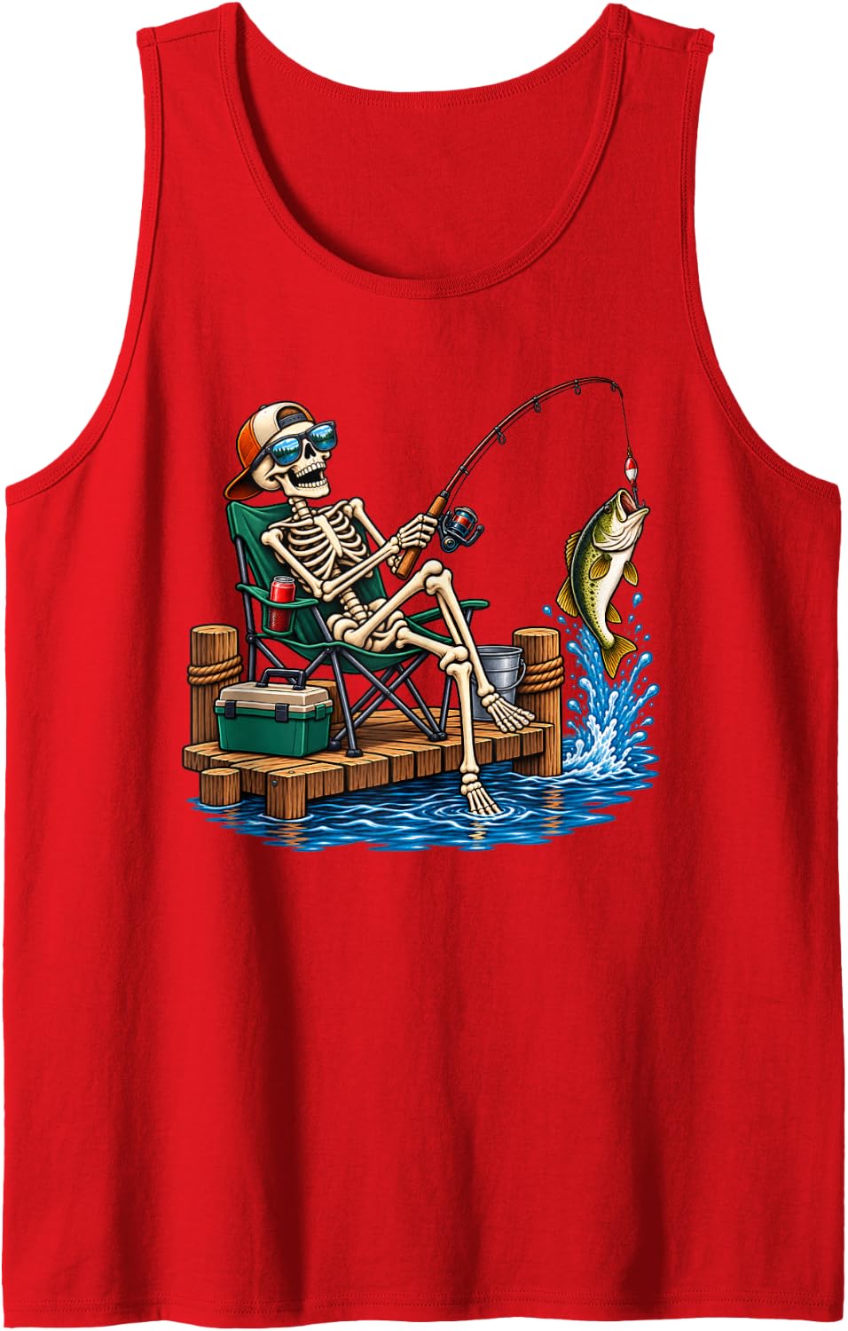 Skeleton Fishing Halloween Tank Top - Red