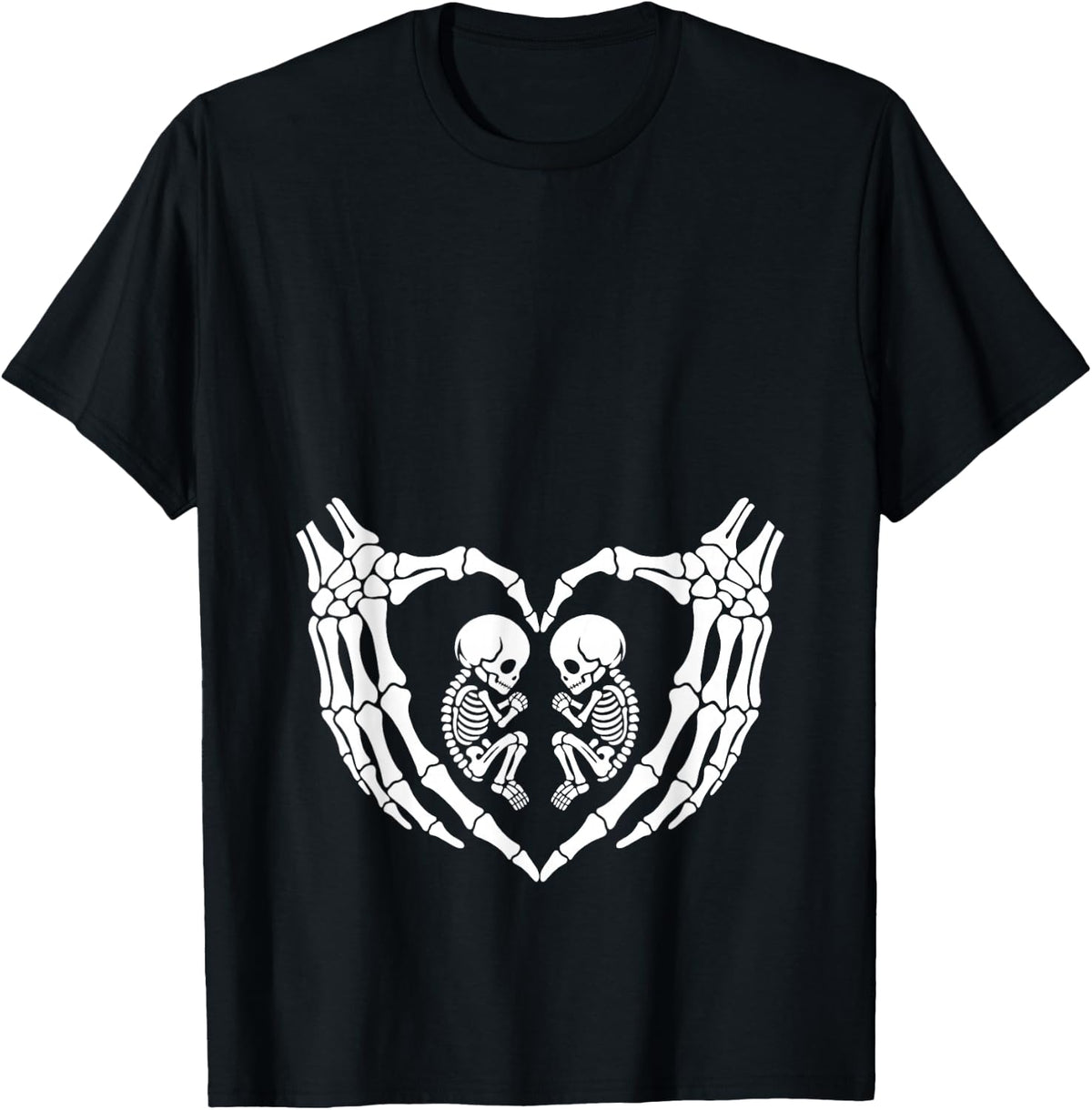 Skeleton Halloween Twins Pregnancy Announcement Pregnant Mom T-Shirt - Black