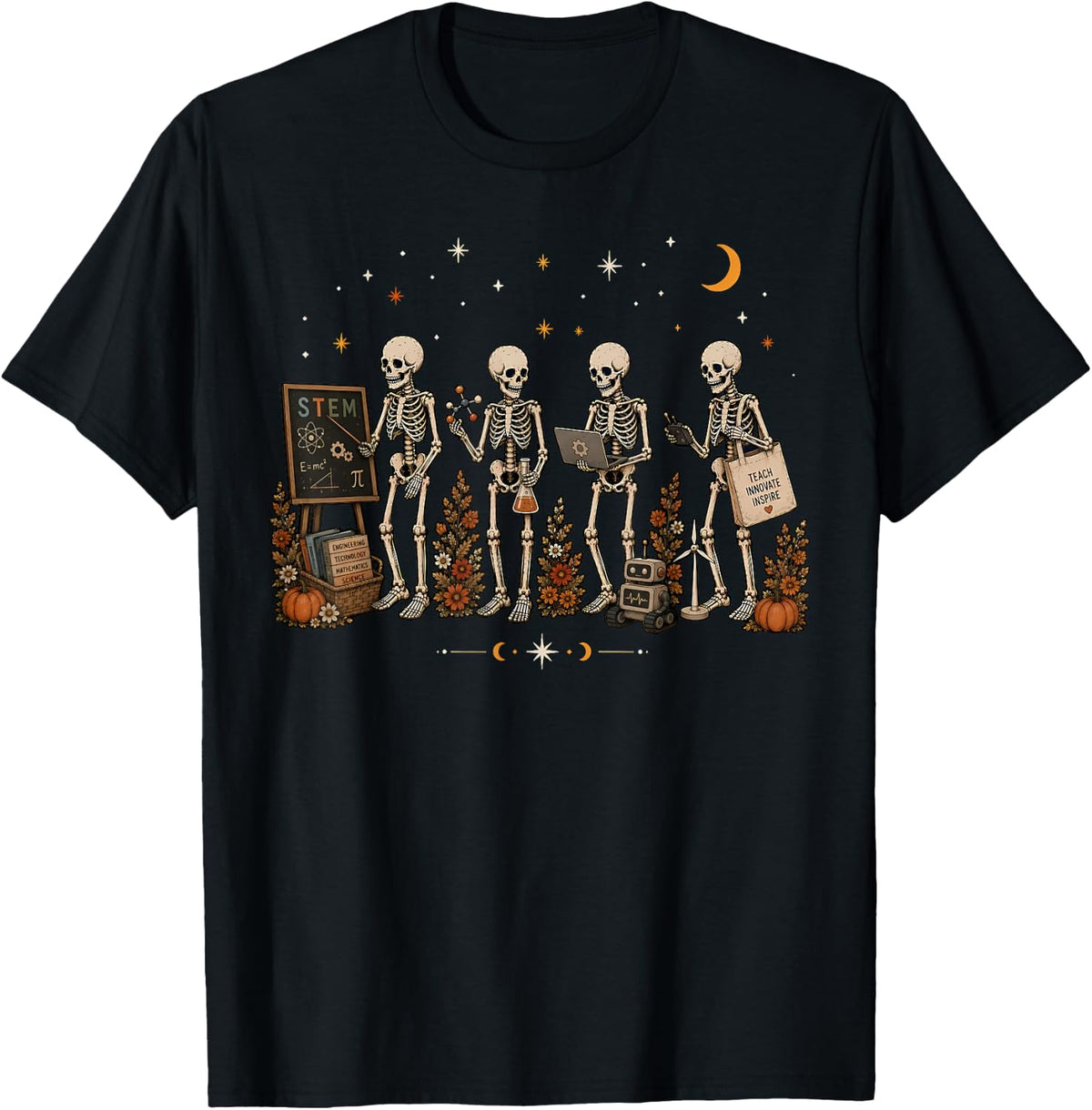 Skeleton STEM Teacher Halloween Science Technology Math T-Shirt - Black