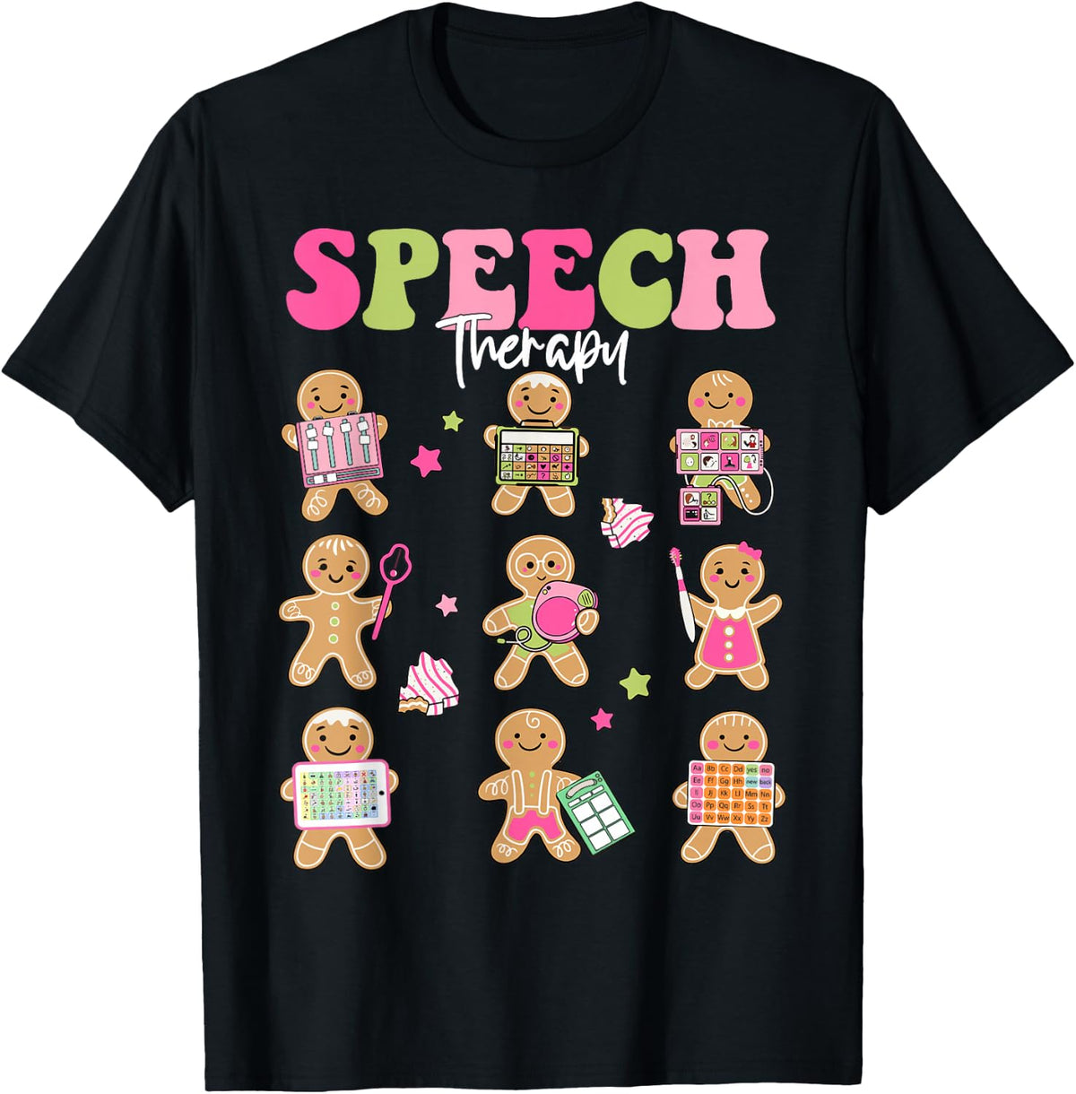 SLP Speech Language Pathologist Santa Christmas Gingerbread T-Shirt - Black