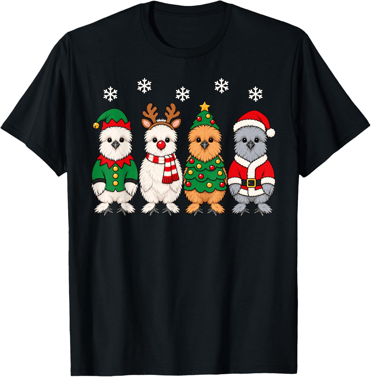 Silkie Chicken Christmas Reindeer Santa Farm Animal T-Shirt - Black