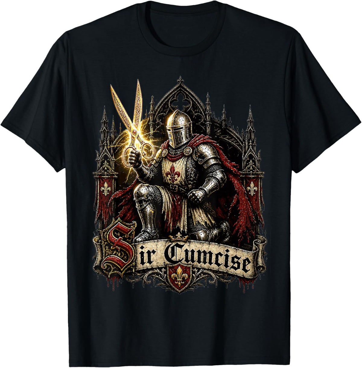 Sir Cumcise Medieval Knight Scissors Funny Gothic Humor T-Shirt - Black