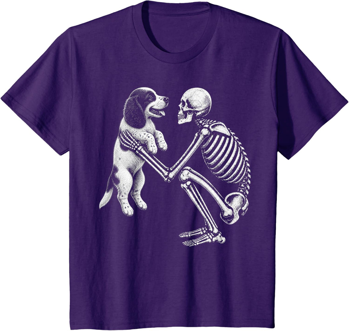 Skeleton Holding English Springer Spaniel Retro Halloween T-Shirt - Purple