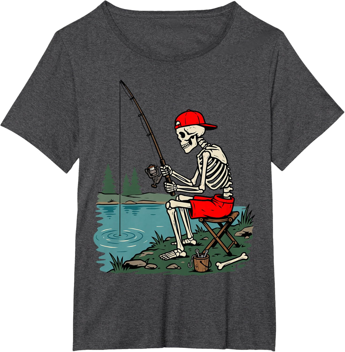 Skeleton Fishing Spooky Angler Halloween T-Shirt - Dark Heather Grey