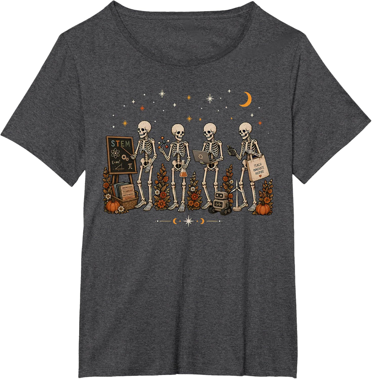 Skeleton STEM Teacher Halloween Science Technology Math T-Shirt - Dark Heather Grey
