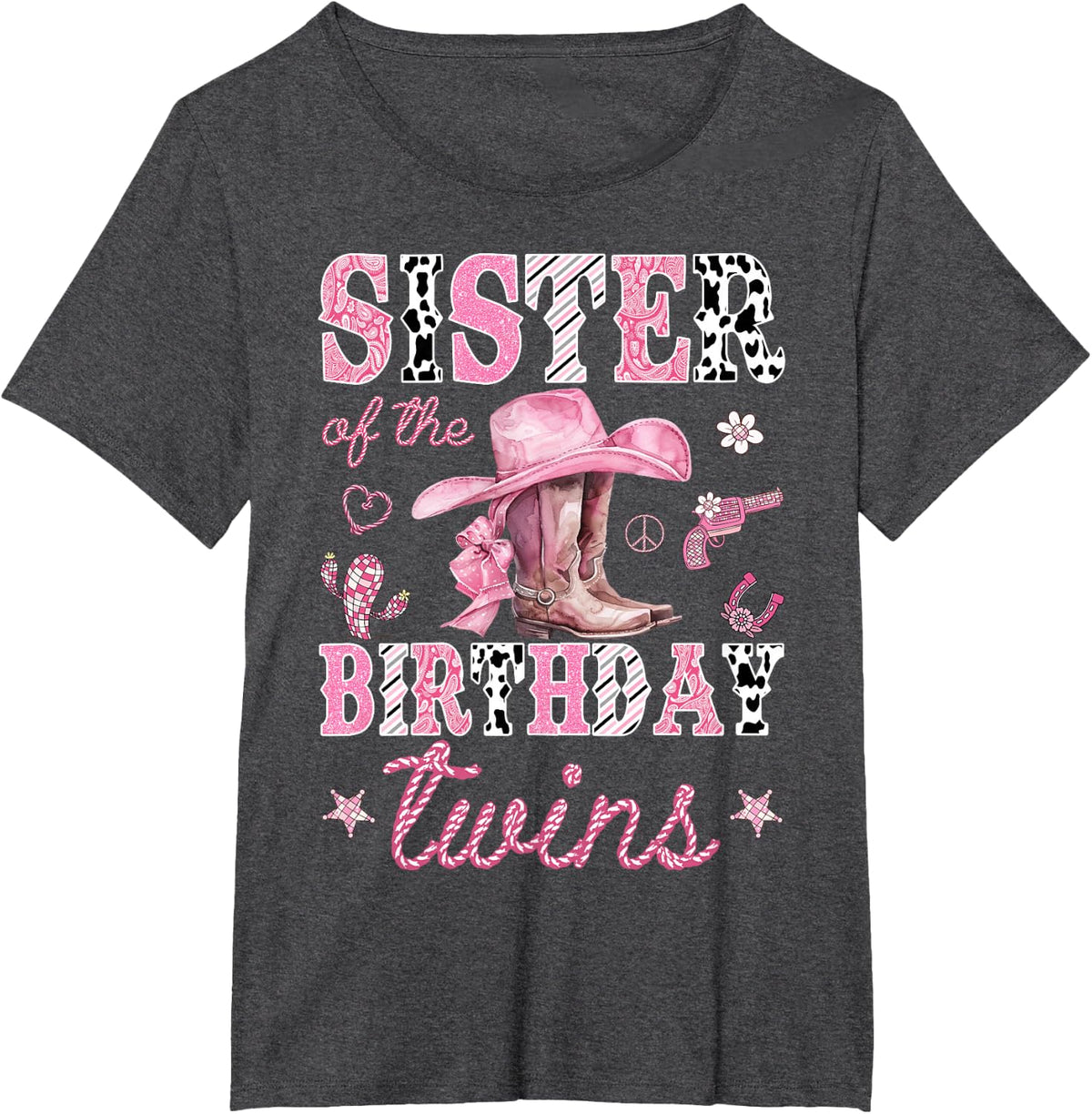 Sister of The Birthday Twins Pink Rodeo Cowgirl Western T-Shirt - Dark Heather Grey