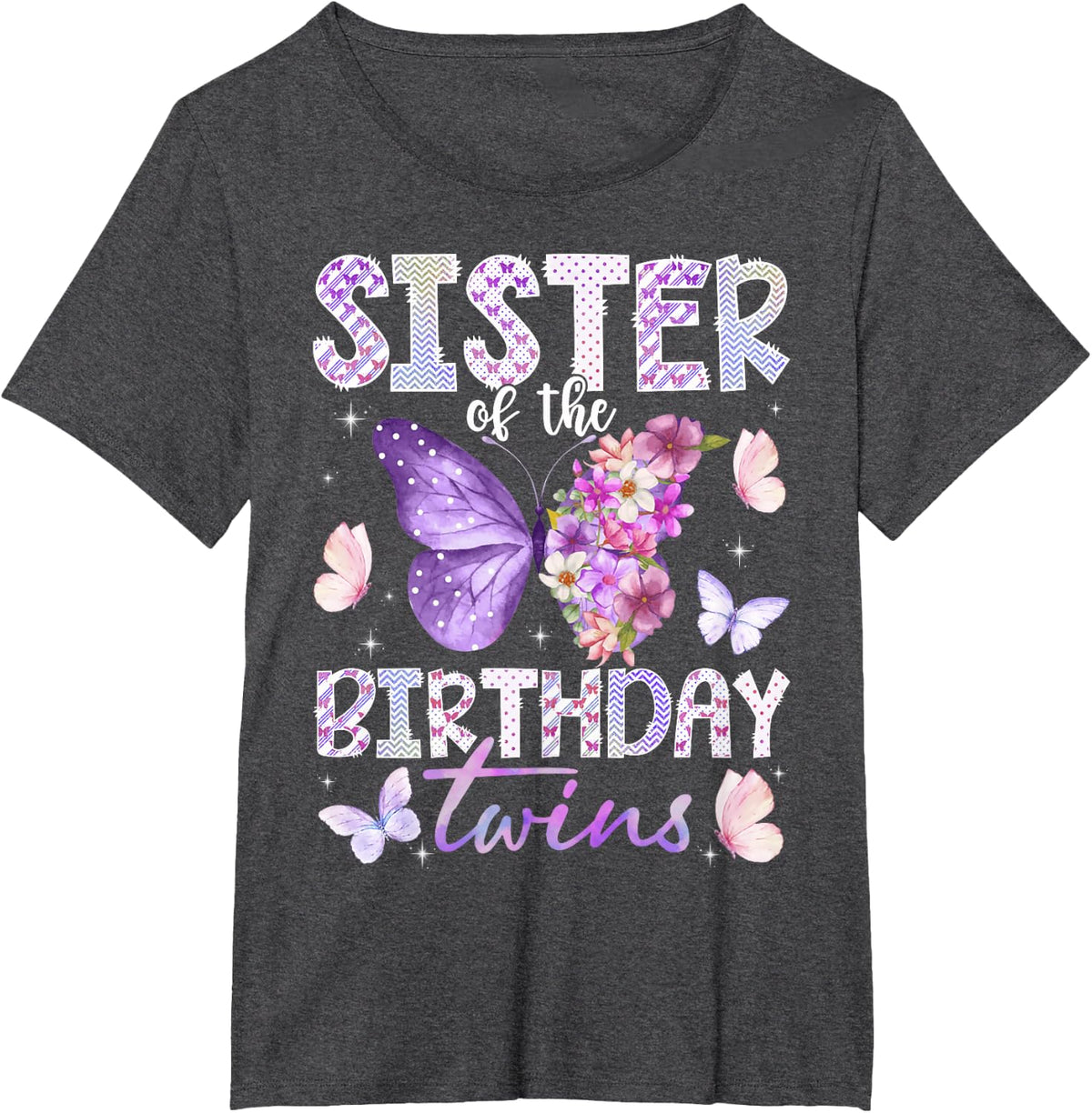 Sister of The Birthday Twins Cute Butterfly Birthday Girl T-Shirt - Dark Heather Grey