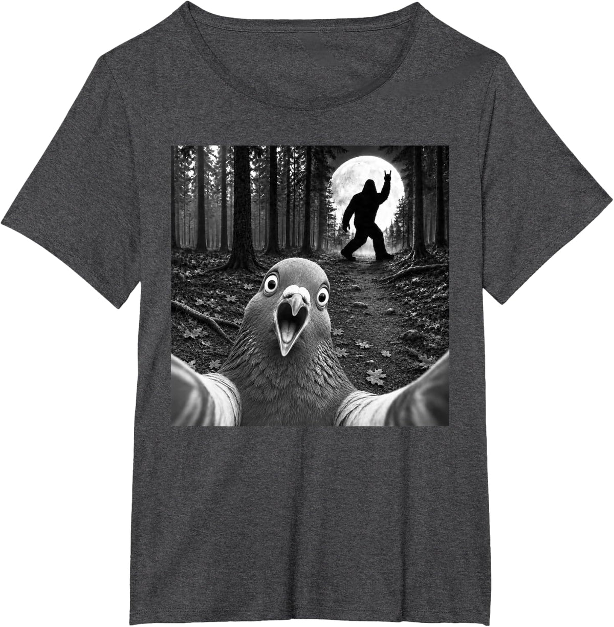 Silkie Chicken Selfie with Bigfoot Rock and Roll Sasquatch T-Shirt - Dark Heather Grey