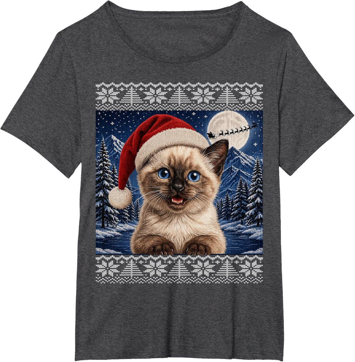 Siamese Kitty Cat Kitten Santa Ugly Christmas T-Shirt - Dark Heather Grey