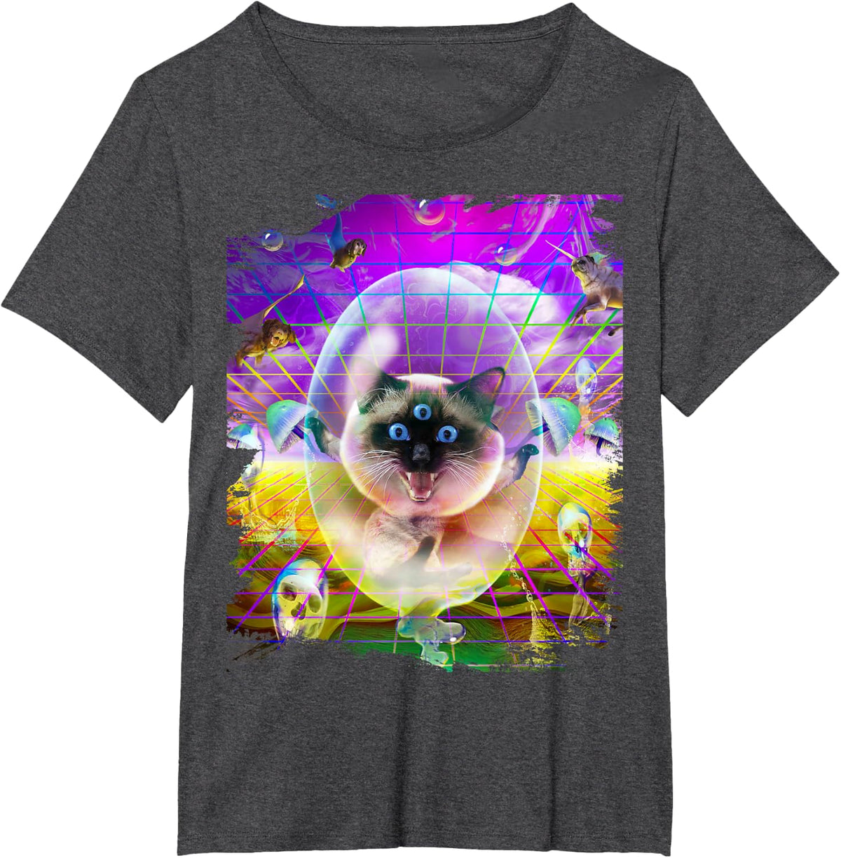 Siamese Cats Kitty Rave Trippy Psychedelic Funny T-Shirt for Men Women - Dark Heather Grey