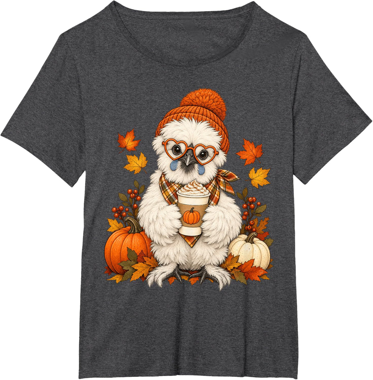 Silkie Chicken Fall Autumn Season Pumpkin Spice Farm Animal T-Shirt - Dark Heather Grey