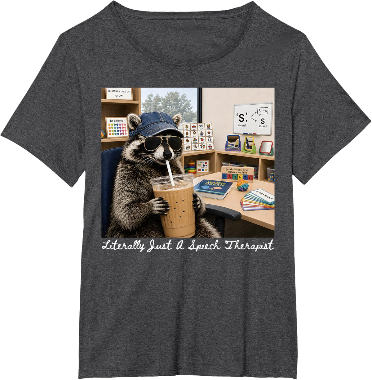 SLP Raccoon Literally Just A Speech Therapist SPED School T-Shirt - Dark Heather Grey