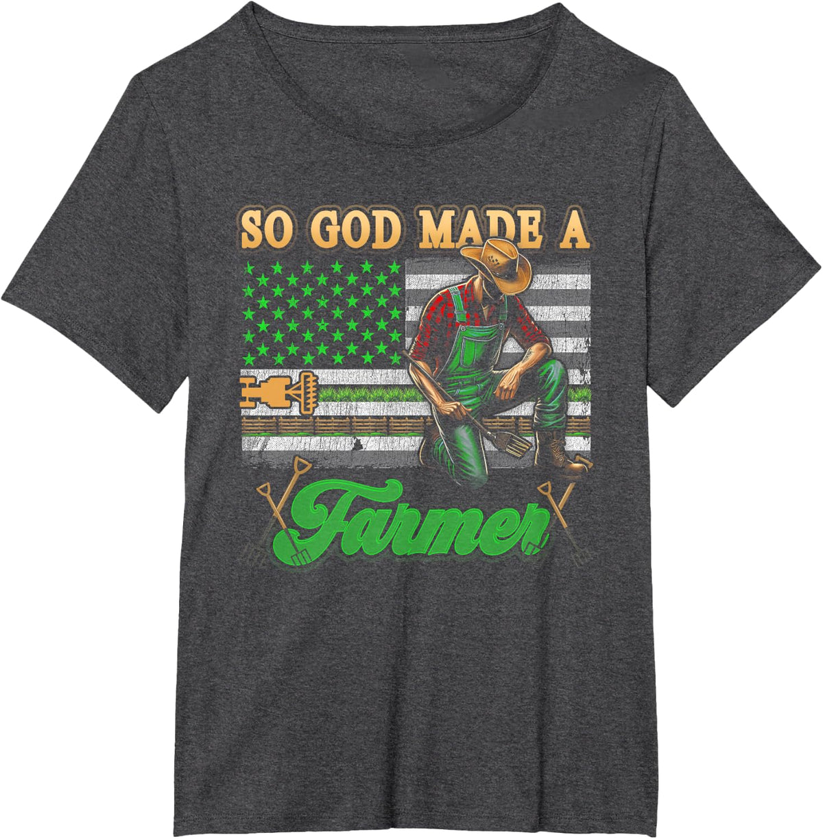So God Made-A Farmer Farming Farmer American USA Flag T-Shirt - Dark Heather Grey