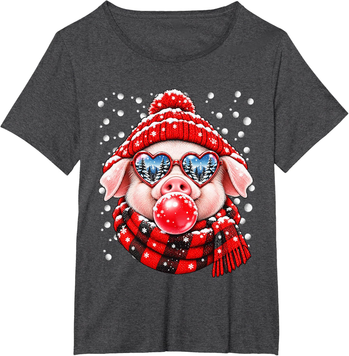 Snowy Pig with Bubblegum and Hearts Glasses Winter Aniaml T-Shirt - Dark Heather Grey