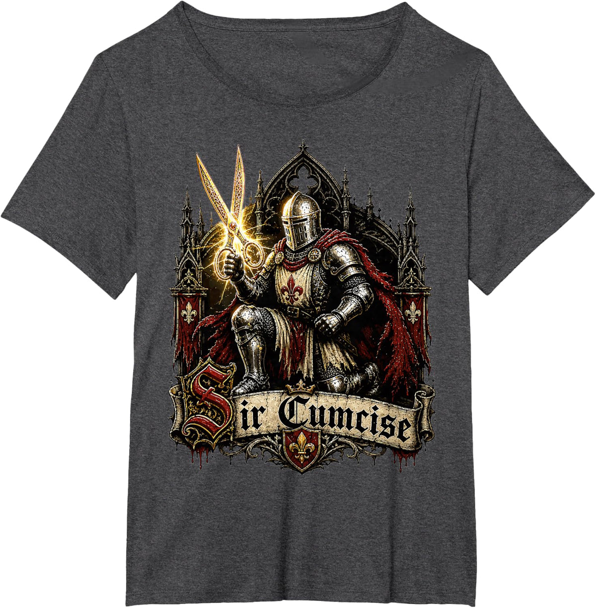 Sir Cumcise Medieval Knight Scissors Funny Gothic Humor T-Shirt - Dark Heather Grey