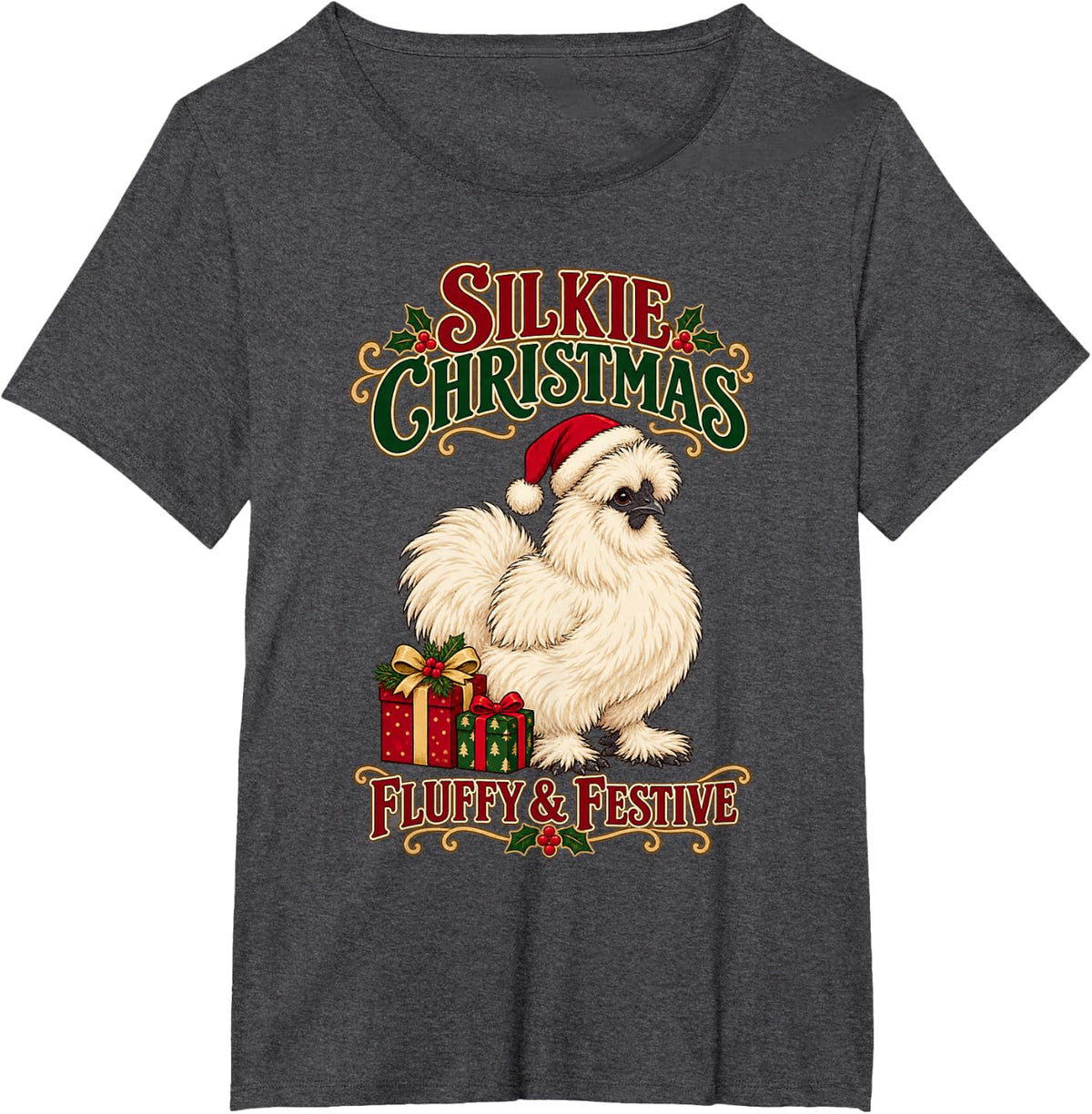 Silkie Christmas Fluffy Festive Chicken Lover Xmas Farm T-Shirt - Dark Heather Grey
