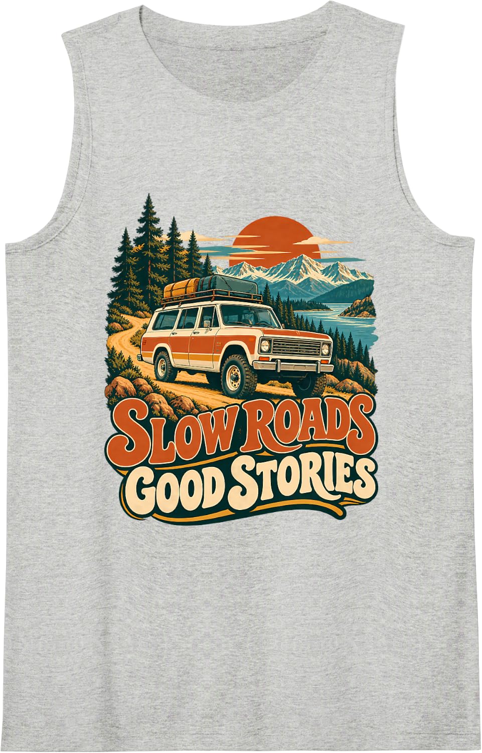 Slow Roads Good Stories Vintage Overlanding 4x4 Adventure Sleeveless Tank Top - Heather Grey