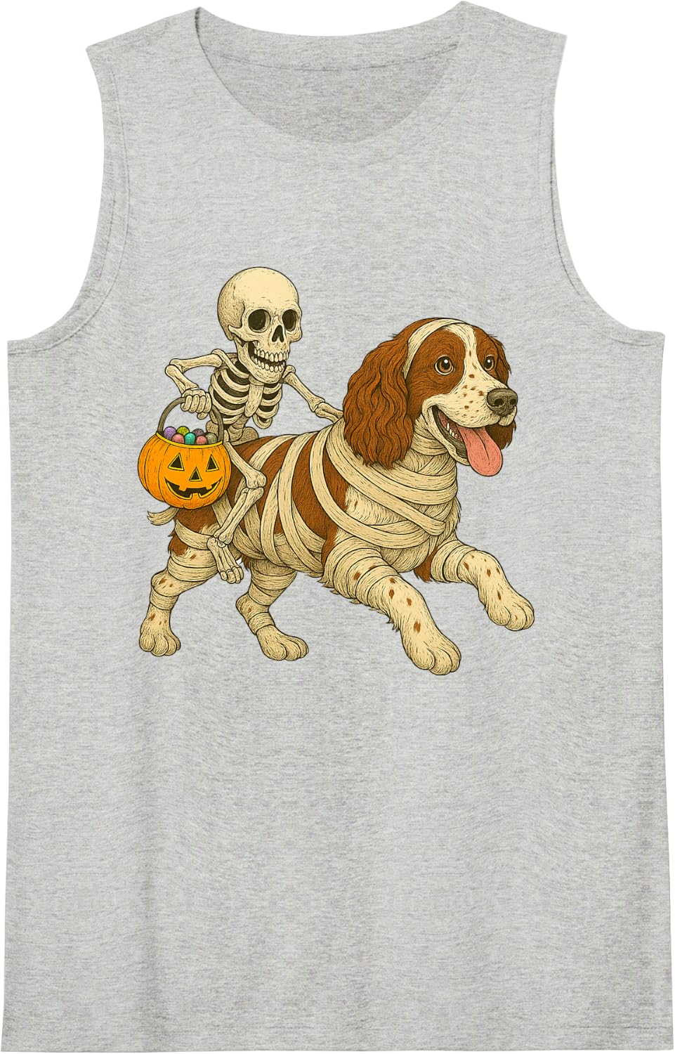 Skeleton Riding Mummy English Springer Spaniel Dog Halloween Sleeveless Tank Top - Heather Grey