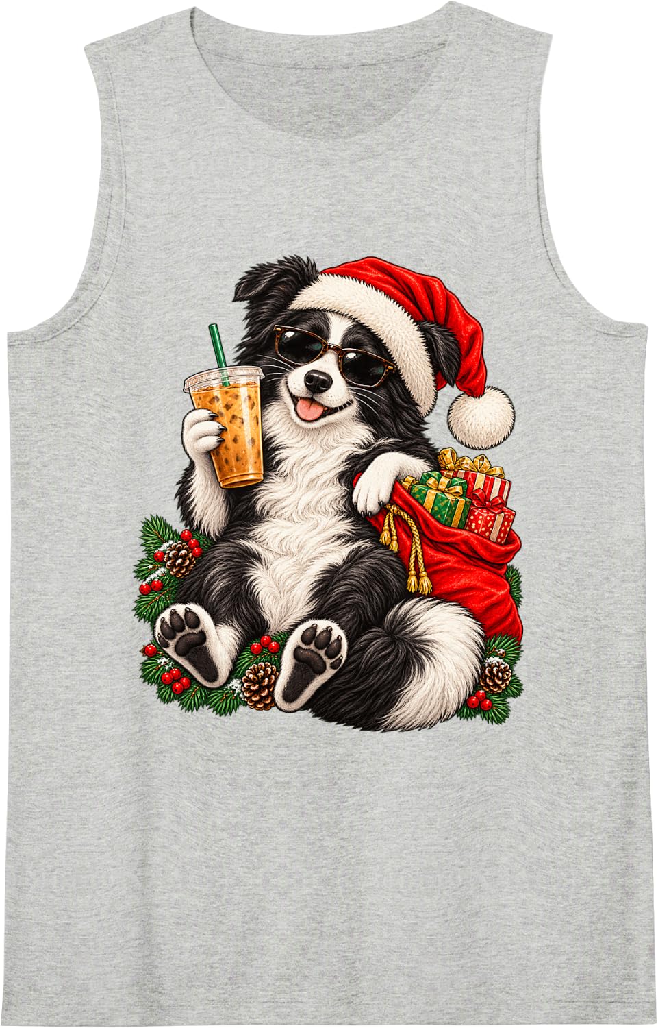 Smiling Border Collie Christmas Iced Coffee Sunglasses Sleeveless Tank Top - Heather Grey