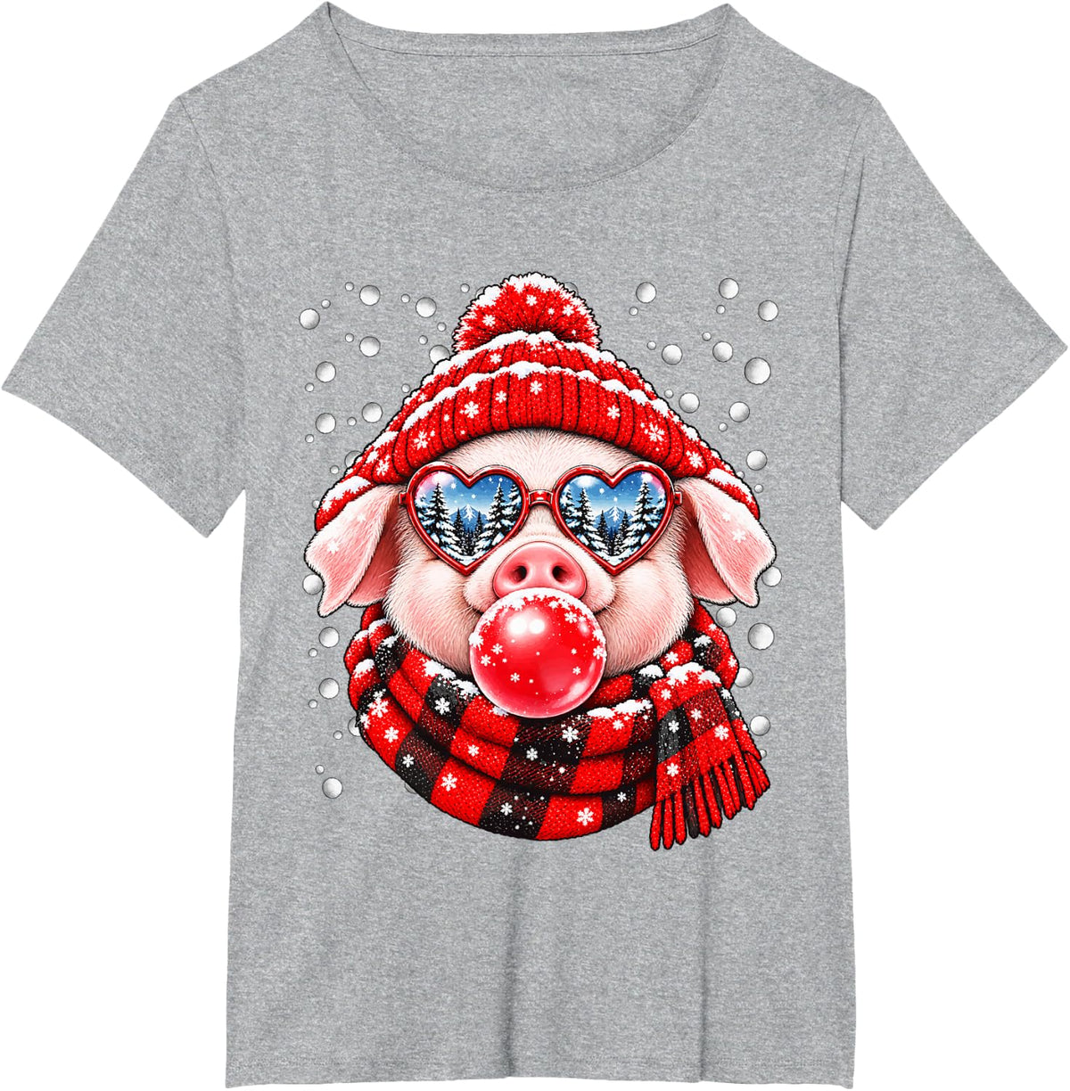 Snowy Pig with Bubblegum and Hearts Glasses Winter Aniaml T-Shirt - Heather Grey