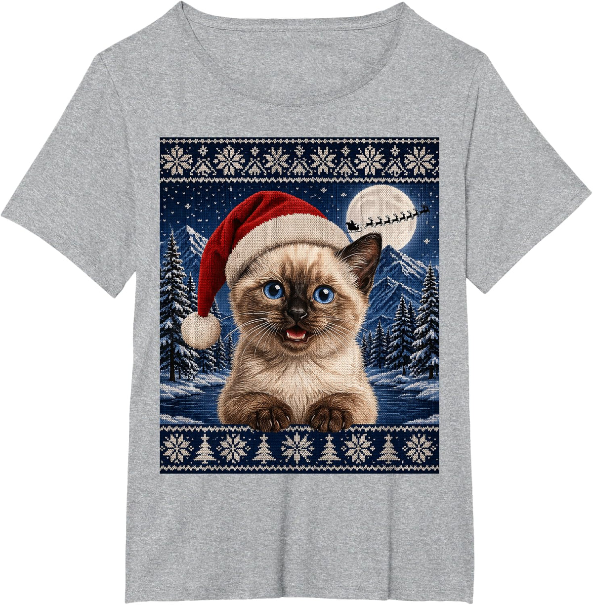 Siamese Kitty Cat Kitten Santa Ugly Christmas T-Shirt - Heather Grey