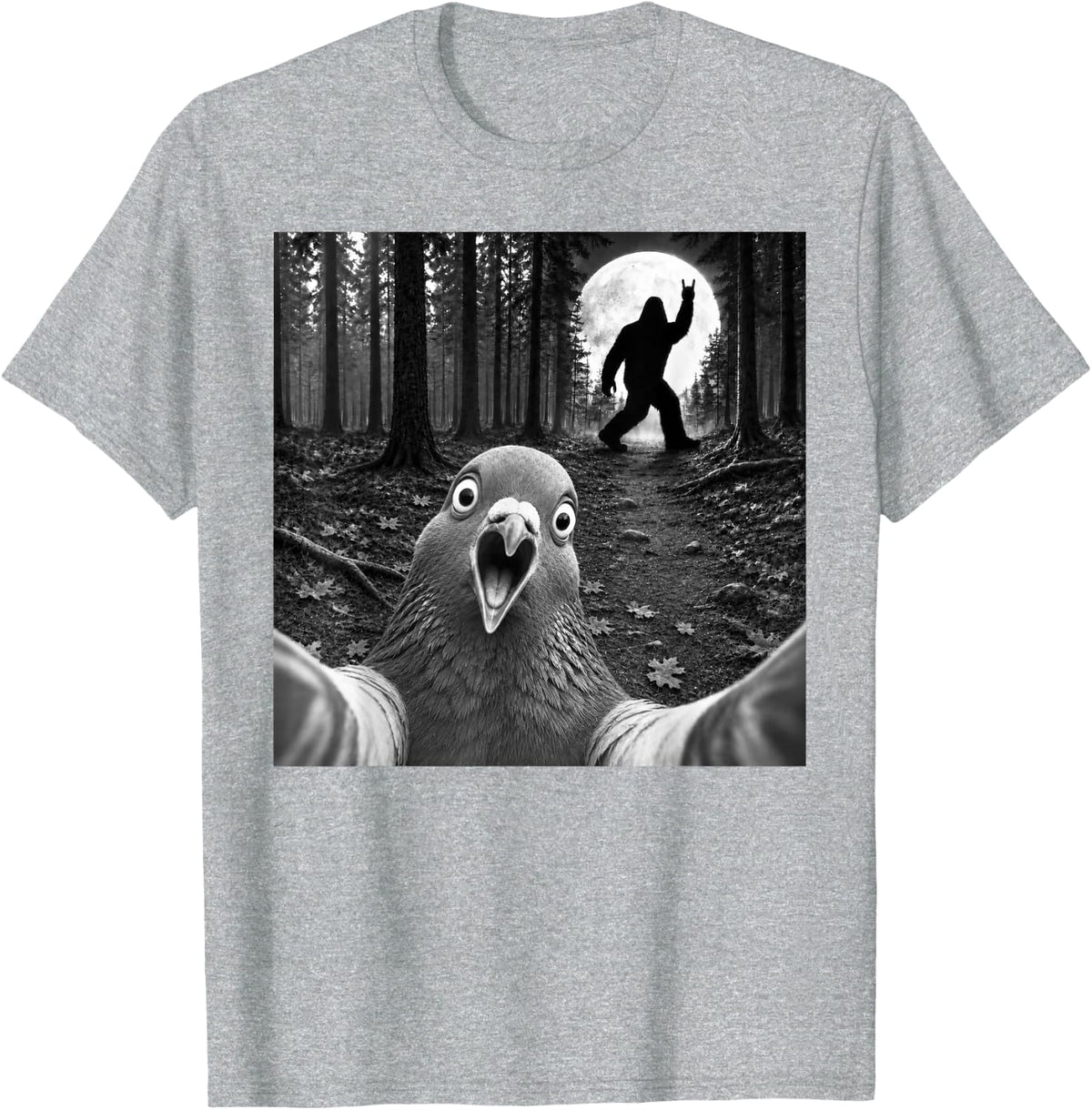 Silkie Chicken Selfie with Bigfoot Rock and Roll Sasquatch T-Shirt - Heather Grey