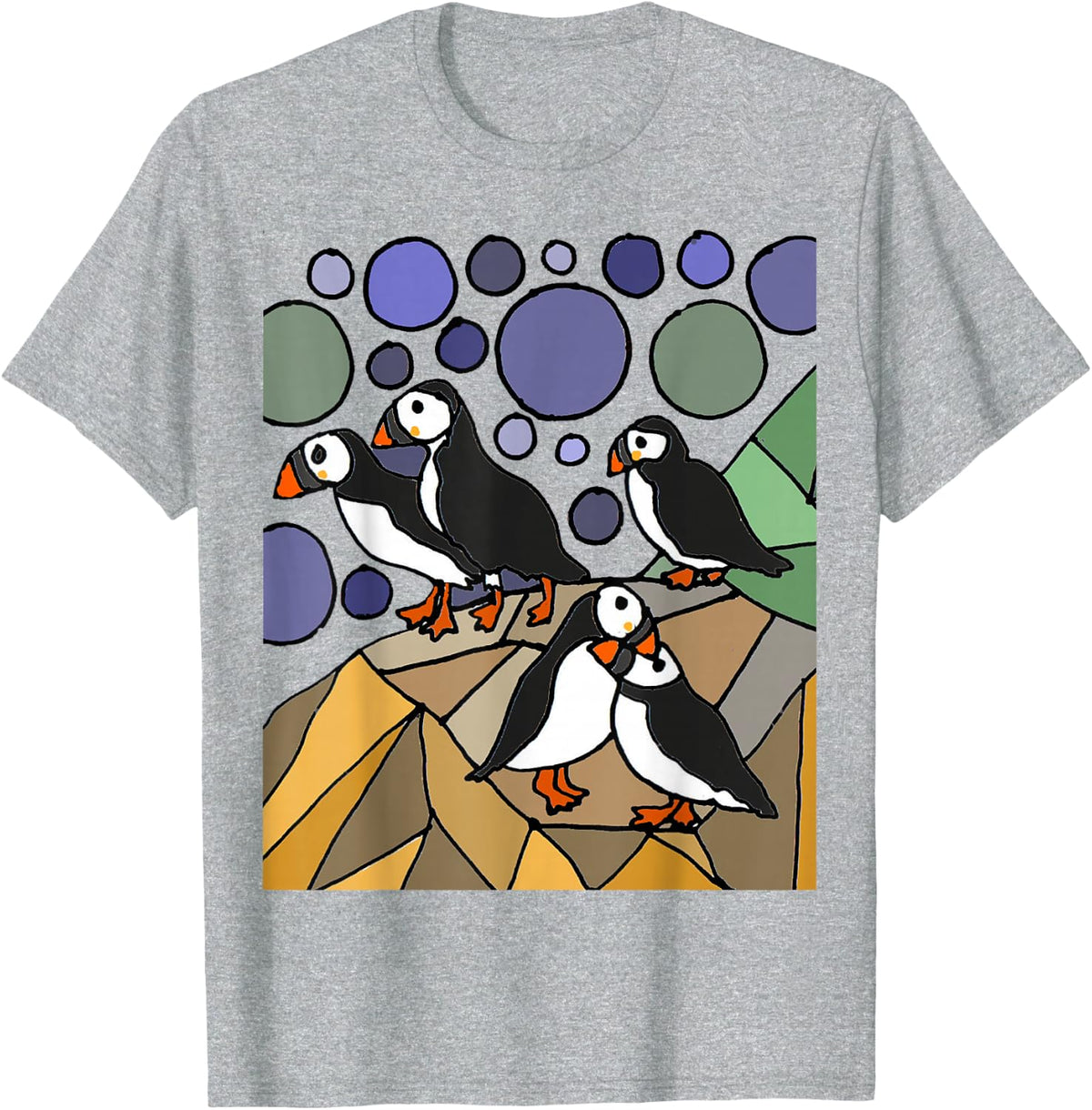 Smileteesbirdsa Funny Puffin Birds on Rocks Art T-Shirt - Heather Grey