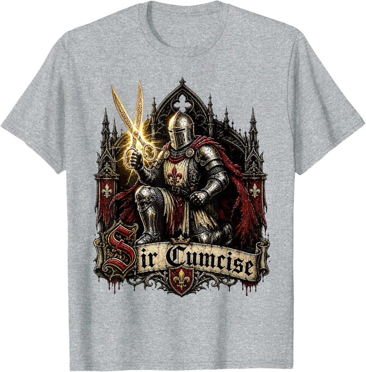 Sir Cumcise Medieval Knight Scissors Funny Gothic Humor T-Shirt - Heather Grey