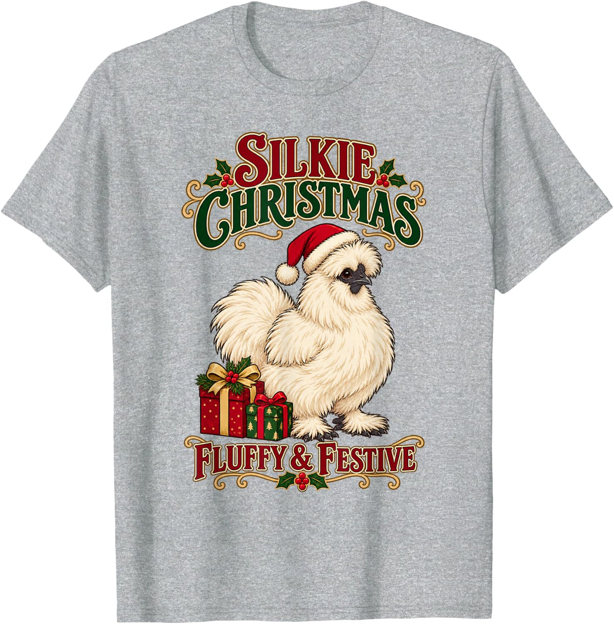 Silkie Christmas Fluffy Festive Chicken Lover Xmas Farm T-Shirt - Heather Grey