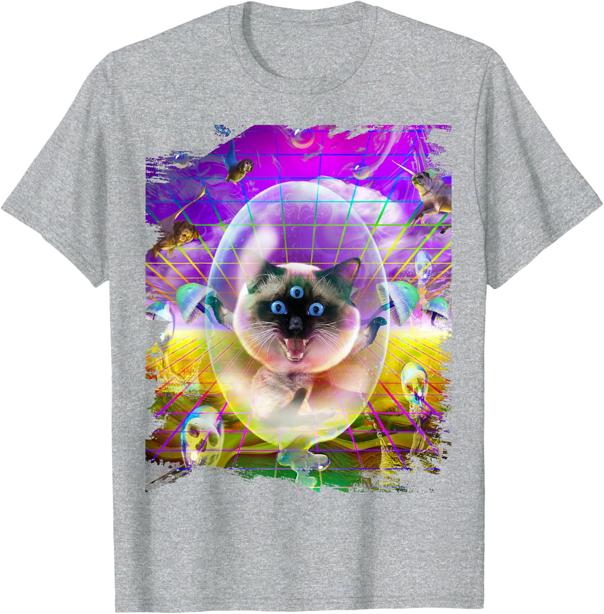 Siamese Cats Kitty Rave Trippy Psychedelic Funny T-Shirt for Men Women - Heather Grey